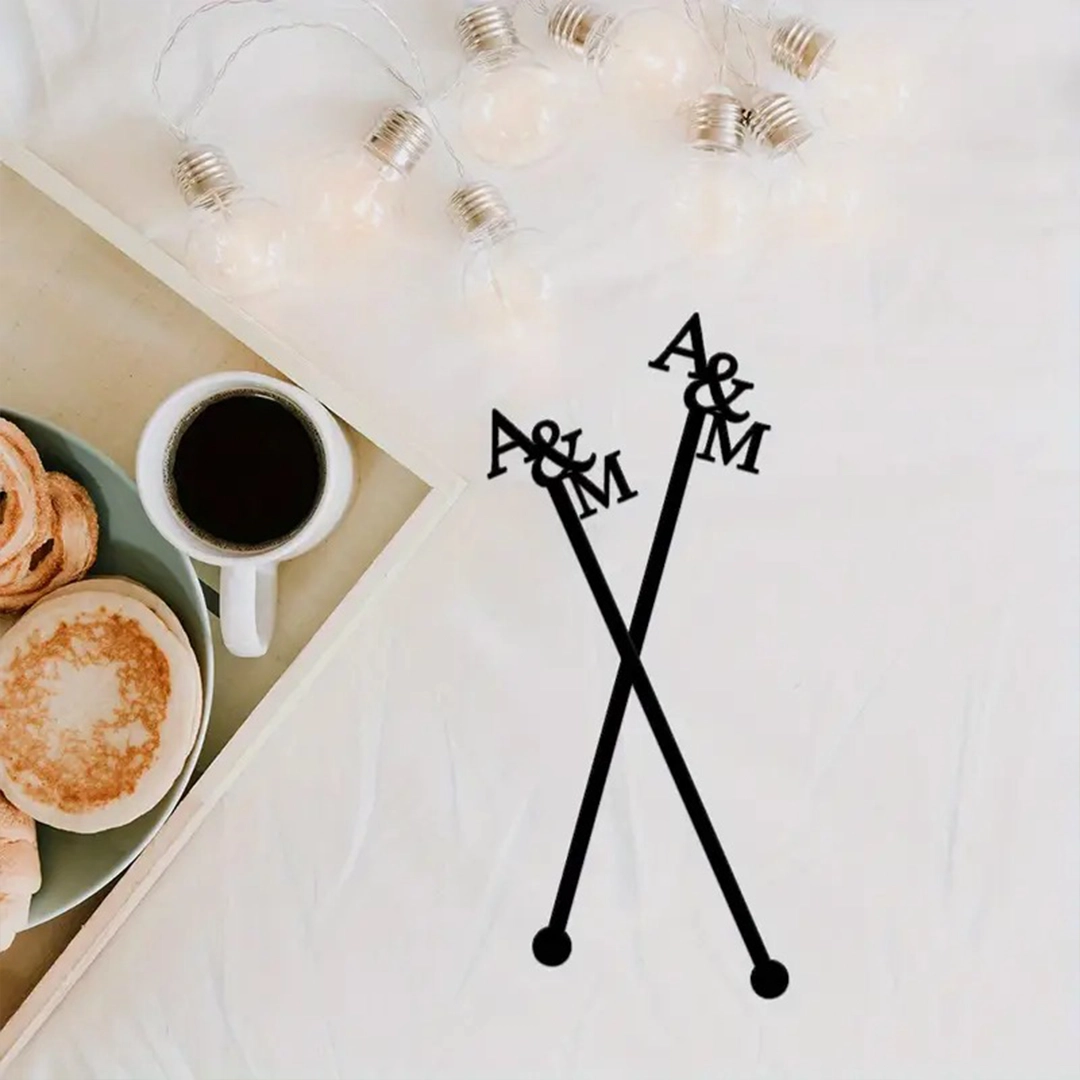 Personalized A&M crossed drink stirrers for weddings and coffee setups