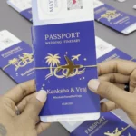 Luxury passport wedding invitation with gold airplane charm and boarding pass design