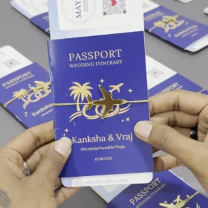 Luxury passport wedding invitation with gold airplane charm and boarding pass design