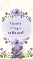 A cute baby shower invitation card with purple floral design and a koala illustration announcing "A bundle of joy is on the way"