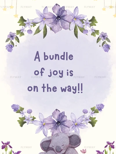 A cute baby shower invitation card with purple floral design and a koala illustration announcing "A bundle of joy is on the way"