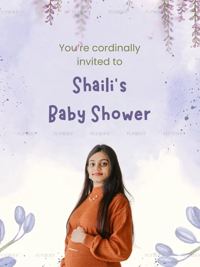 Baby shower invitation featuring a pregnant woman in a brown dress with a purple wisteria floral background