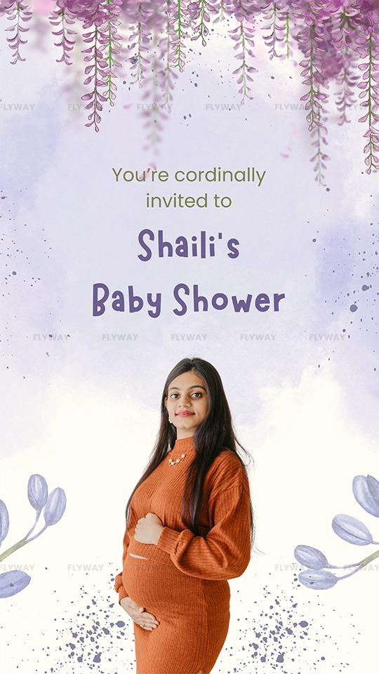 Baby shower invitation featuring a pregnant woman in a brown dress with a purple wisteria floral background