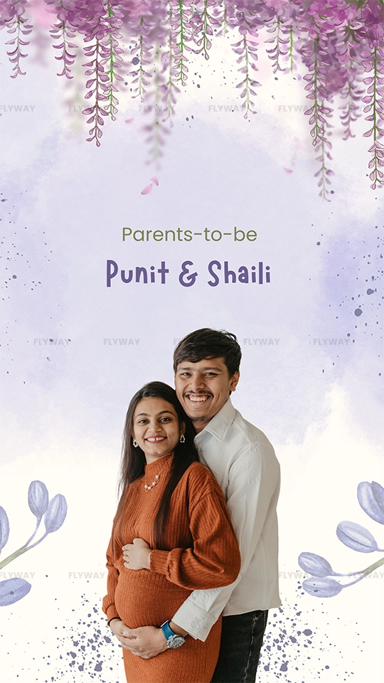 Baby shower card showing parents-to-be smiling, surrounded by a soft floral purple design