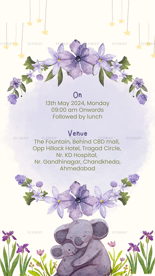 Baby shower details card with purple flowers and sleeping koala announcing the venue and date