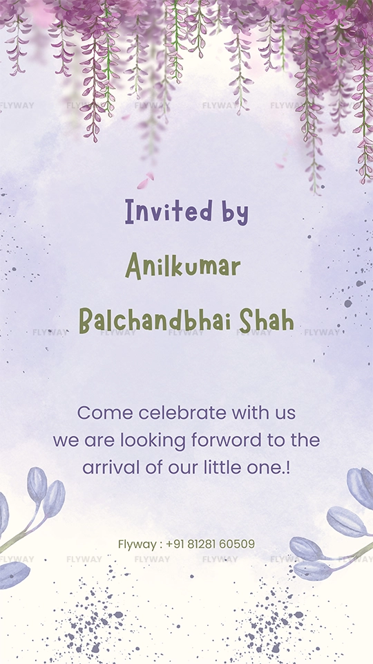 Baby shower invitation card with purple floral decor showing who invited the event