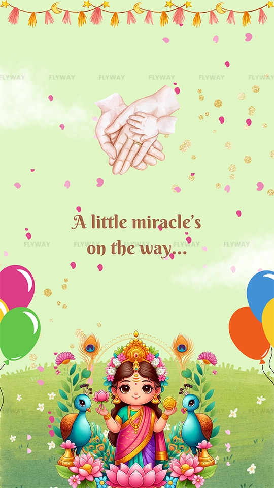 Baby shower card featuring goddess and baby hands illustration