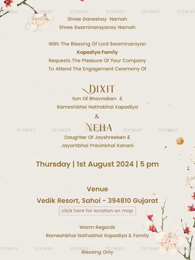 Minimal floral engagement invitation layout with elegant typography and beige background