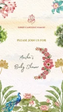 Baby shower invitation with floral and peacock design for Aesha's baby shower