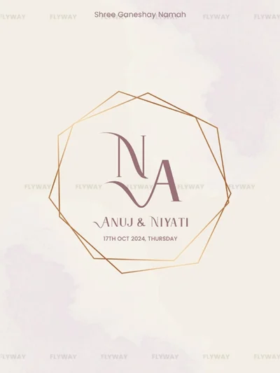 Elegant engagement invitation cover with NA monogram inside a geometric frame for Anuj & Niyati, dated 17th October 2024.