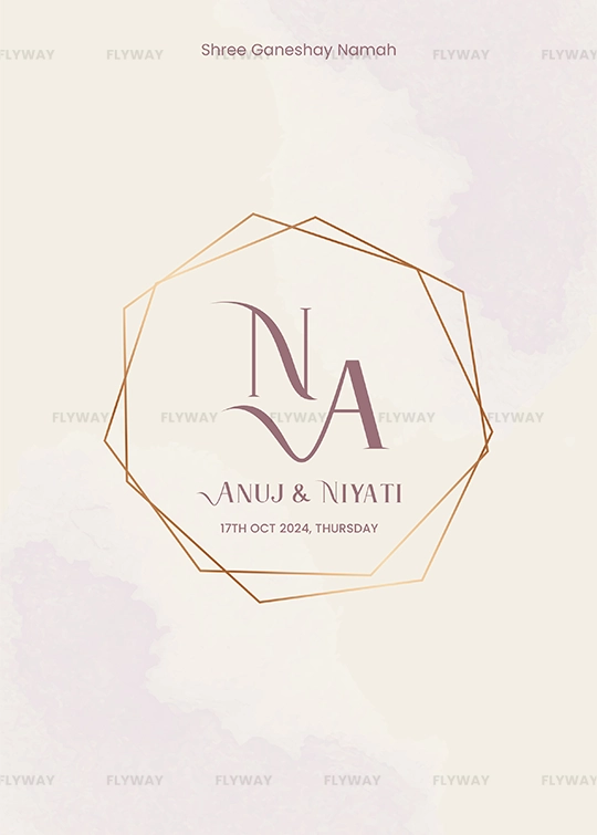 Elegant engagement invitation cover with NA monogram inside a geometric frame for Anuj & Niyati, dated 17th October 2024.