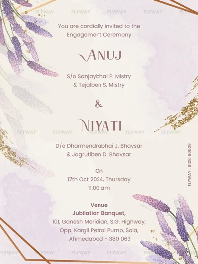 Elegant floral engagement invitation card for Anuj and Niyati with lavender illustrations and ceremony details.