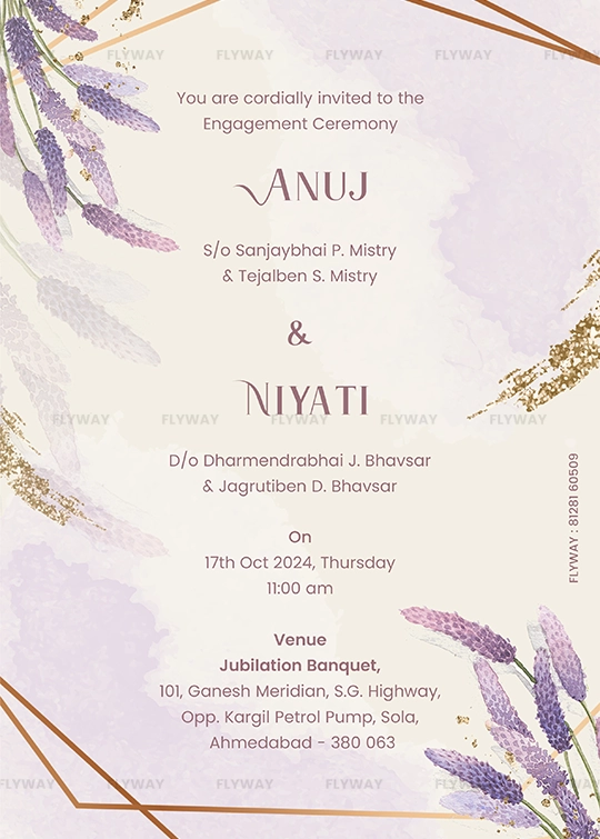 Elegant floral engagement invitation card for Anuj and Niyati with lavender illustrations and ceremony details.