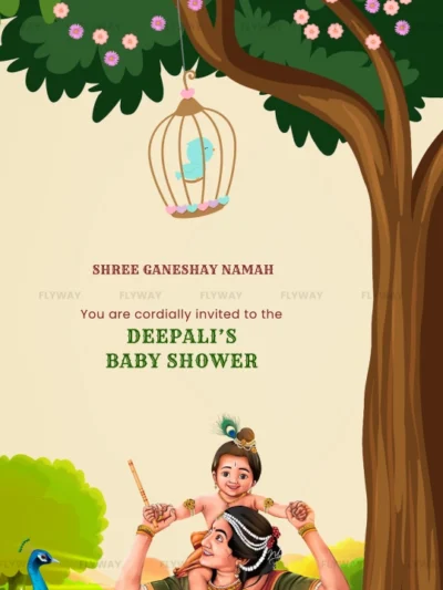 Baby shower invitation with Krishna and child under tree
