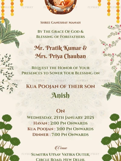 Elegant Indian cradle ceremony invitation card for baby Anish featuring floral decor, baby in a wooden swing, and traditional design.