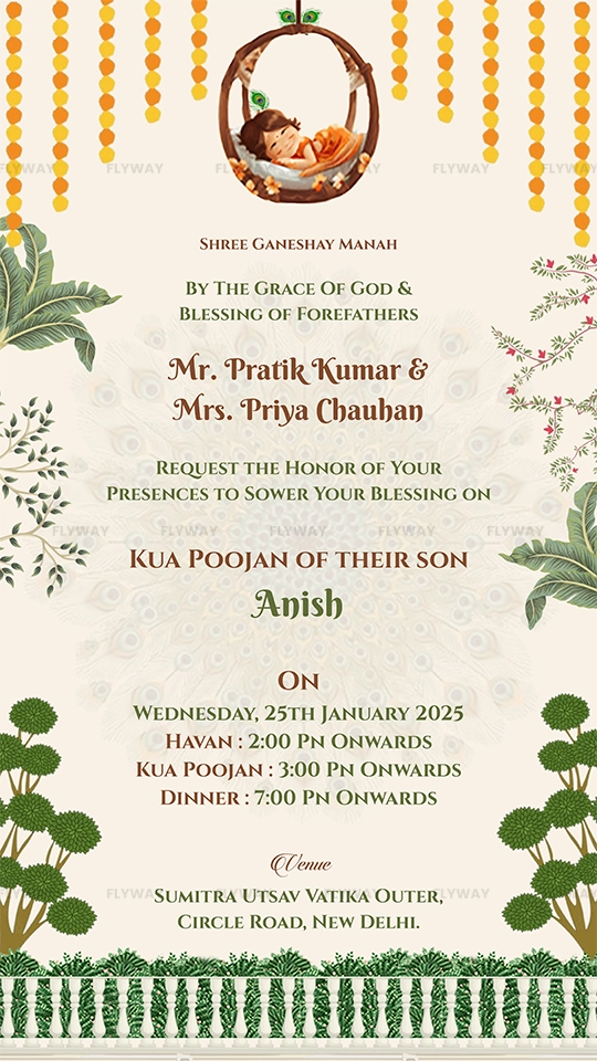Elegant Indian cradle ceremony invitation card for baby Anish featuring floral decor, baby in a wooden swing, and traditional design.