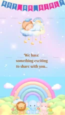 Pastel theme baby shower announcement with baby on cloud and animals