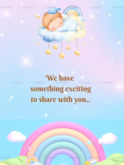 Pastel theme baby shower announcement with baby on cloud and animals