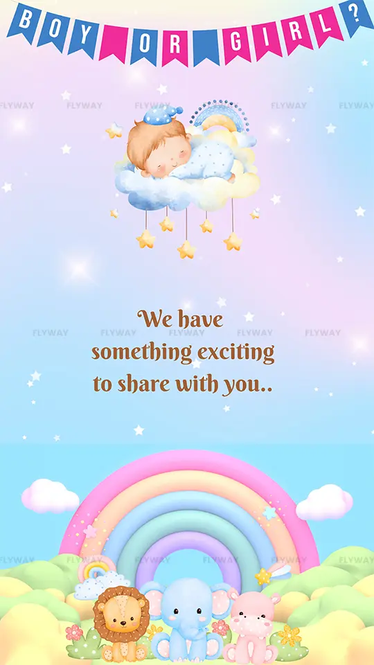 Pastel theme baby shower announcement with baby on cloud and animals