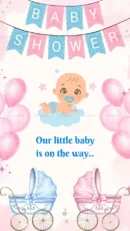 Cute pastel baby shower invitation with baby in cloud and pink-blue balloons