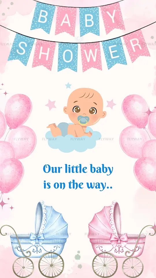 Cute pastel baby shower invitation with baby in cloud and pink-blue balloons