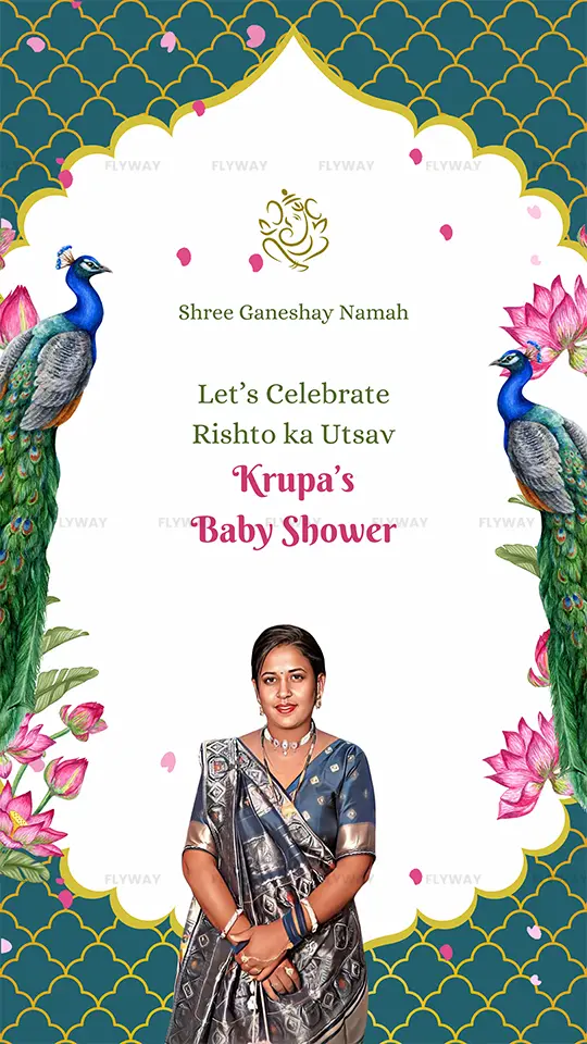 Traditional baby shower invitation card with peacocks and lotus design