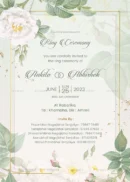Elegant green floral ring ceremony invitation card with white flowers, gold frame, event details, and names Ankita & Abhishek.