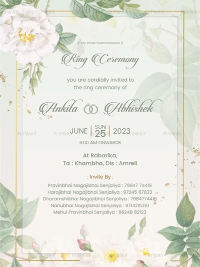 Elegant green floral ring ceremony invitation card with white flowers, gold frame, event details, and names Ankita & Abhishek.