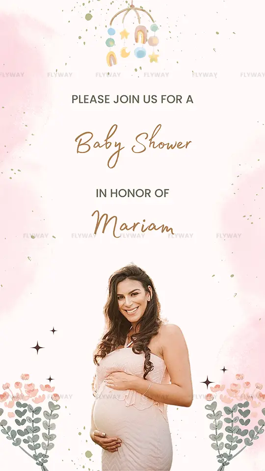 Baby shower invitation honoring Mariam with a soft pink watercolor design