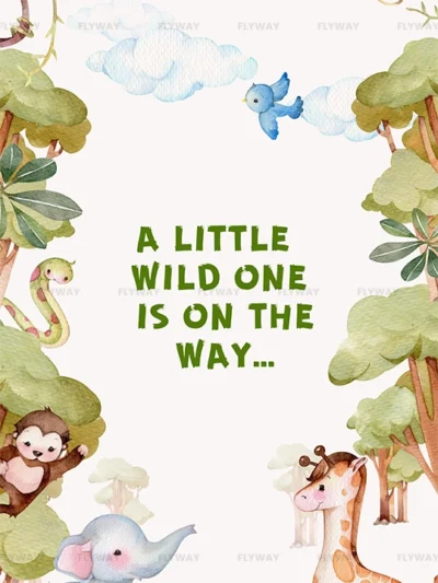 Jungle-themed baby shower announcement with cute animals
