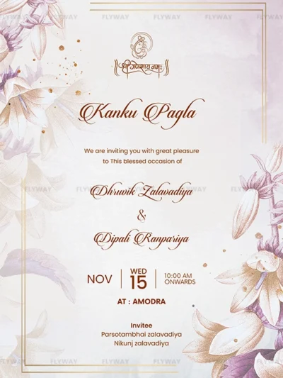 Elegant floral Kanku Pagla invitation with soft pastel flowers and golden frame design