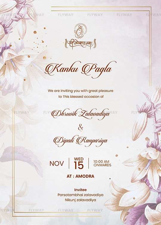Elegant floral Kanku Pagla invitation with soft pastel flowers and golden frame design