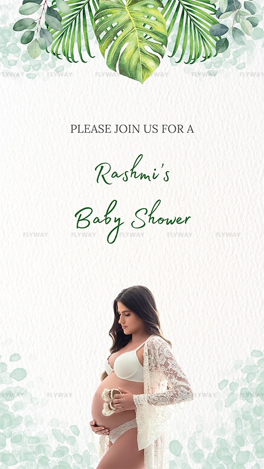 Rashmi’s Baby Shower Invitation Card with Tropical Leaves and Mom-to-Be