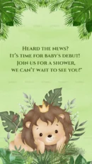 Jungle-themed baby shower invite with cute lion and debut announcement