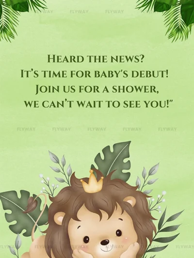 Jungle-themed baby shower invite with cute lion and debut announcement