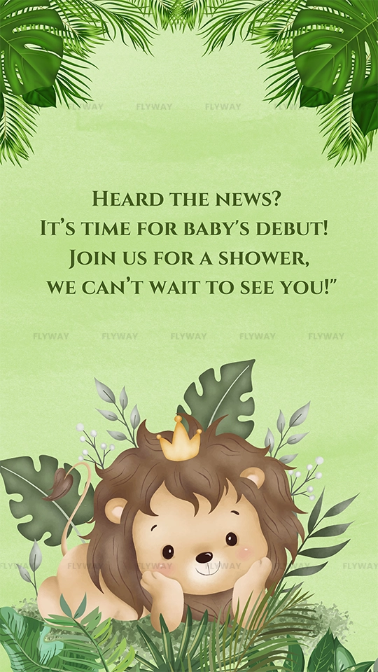 Jungle-themed baby shower invite with cute lion and debut announcement