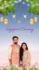 Engagement ceremony couple with floral design and lights