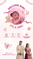 Baby girl announcement card with newborn photo, birth details, and parents Siddharth & Beena