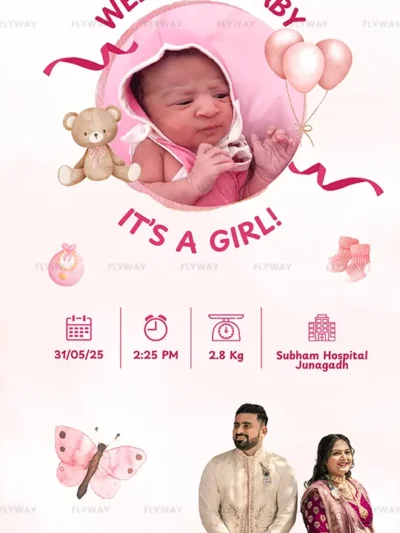 Baby girl announcement card with newborn photo, birth details, and parents Siddharth & Beena