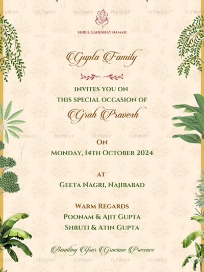 Traditional Griha Pravesh invitation card with golden chandeliers, floral borders, and elegant typography, inviting guests to the Gupta family’s housewarming ceremony.