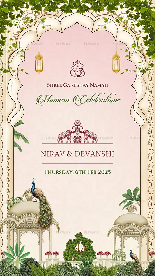 Elegant English Mayra ceremony invitation front page with arch frame, peacocks, floral greenery, lanterns, and couple names.