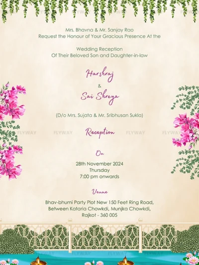 Floral wedding reception invitation with green leaf border pink flowers and elegant beige background