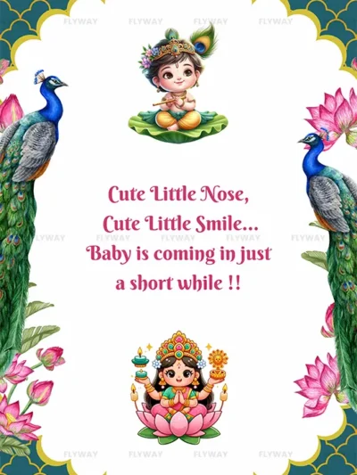 Baby shower announcement with cartoon Krishna and floral border