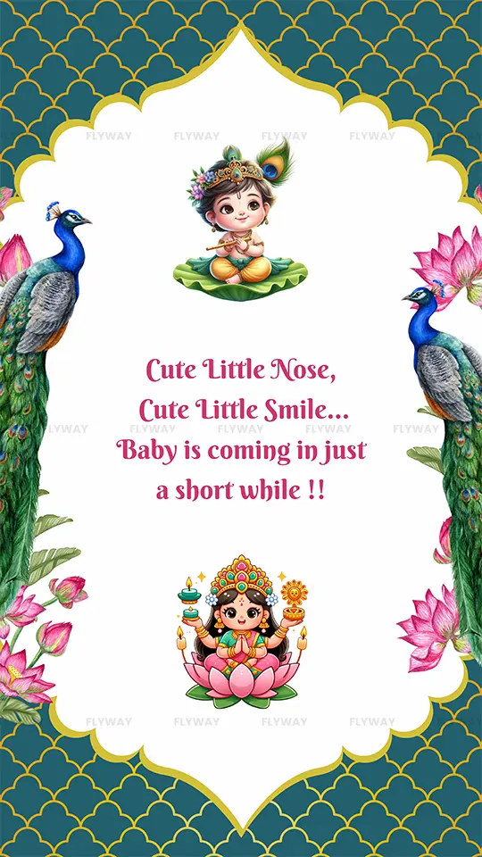 Baby shower announcement with cartoon Krishna and floral border