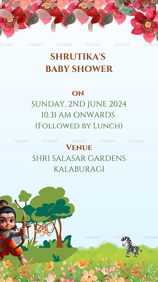 Shrutika baby shower details with floral top border and Lord Ram