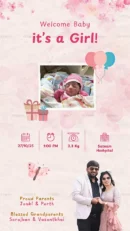 Baby girl birth announcement card with newborn photo, birth details, parents Janki & Parth, and grandparents Sarojben & Vasantbhai on a pink floral background.