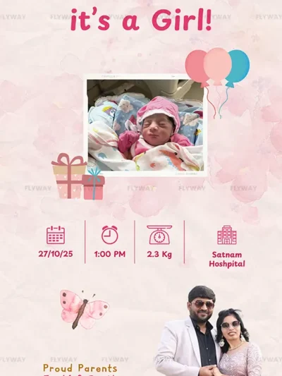 Baby girl birth announcement card with newborn photo, birth details, parents Janki & Parth, and grandparents Sarojben & Vasantbhai on a pink floral background.
