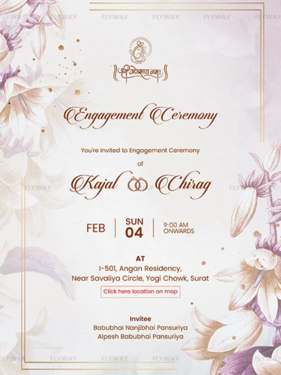 Elegant floral engagement invitation card for Kajal and Chirag with pastel flowers and event details