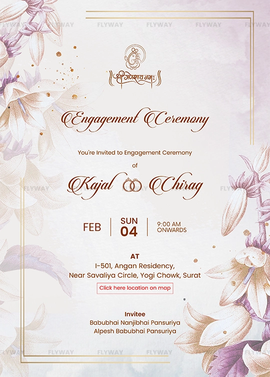 Elegant floral engagement invitation card for Kajal and Chirag with pastel flowers and event details