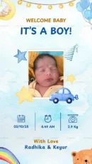 Baby boy birth announcement card with newborn photo, blue theme, stars, car illustration, and birth details for Radhika & Keyur.